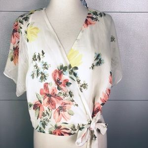 Zara Sheer off white floral wrap crop top SZ S